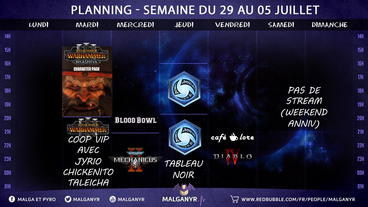 Malganyr's tweet photo. Voici le planning des prochains jours. Cette semaine encore, je ne serais pas disponible car je fête mon anniversaire ce weekend avec ma famille. 
Je rentrerai le mardi.
Bonne semaine à tous ♥ https://t.co/eFgydLGmcU