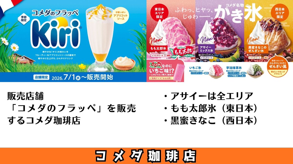 PCSIM14's tweet photo. 7/1からの新商品🥰

・コメダのフラッペ～Kiri～／かき氷販売開始

・天下一品 すだち香る あっさり冷やし麺
・ビアードパパ ゴジラシュー

・松のや 海鮮盛合せ定食 15時～
・伝説のすた丼屋 おろしポン酢すたみな焼肉コンボ丼

・ゼッテリア 平日ランチリニューアル
・串カツ田中 無限ホルモン串 https://t.co/1YpDCYZAB2