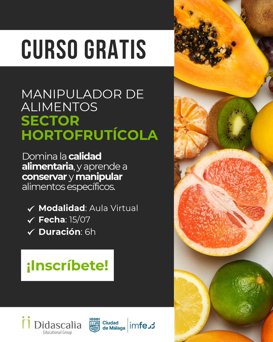 malagaimfe's tweet photo. 🧤 Consigue gratis el #certificado de Manipulador de #Alimentos.

🍏 Especializado en el sector hortofrutícola.

📅 Miércoles 15 de julio
💻 Formación online
👥 Plazas limitadas
📝 Inscripciones: https://t.co/LNwFRbZSSz

#Málaga #IMFEMálaga
@malaga @MalagaJuventud @DidascaliaEG https://t.co/xvupWwVOgq