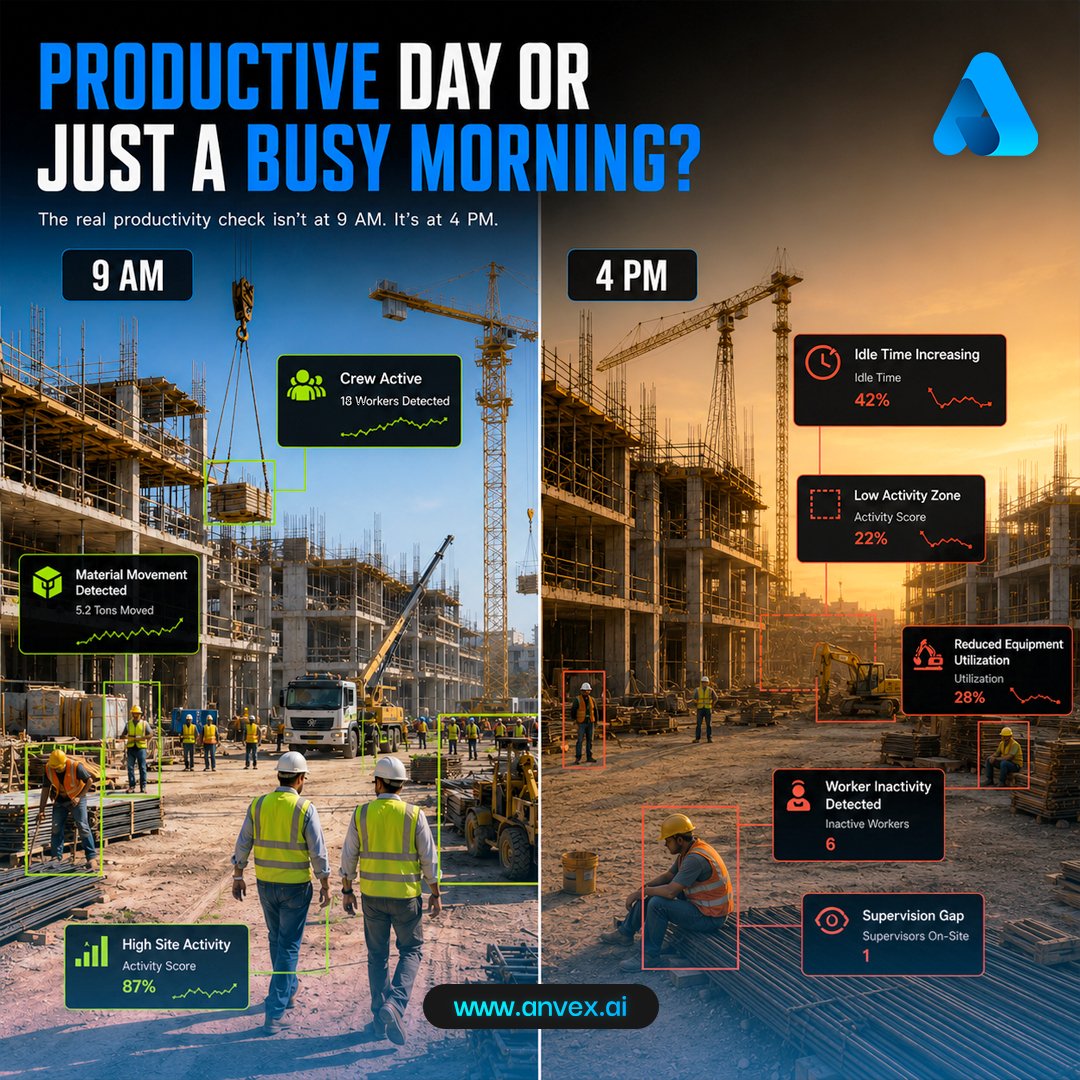 anvexai's tweet photo. 𝗧𝗛𝗘 𝟵 𝗔𝗠 𝗩𝗦 𝟰 𝗣𝗠 𝗦𝗜𝗧𝗘

The real productivity check isn't at 9 AM.

It's at 4 PM.

That's when delays, inactivity, and supervision gaps become visible.

#anvexai #ConstructionAI #SiteProductivity #OperationalVisibility #ConstructionOperations https://t.co/mvBg1asPVK