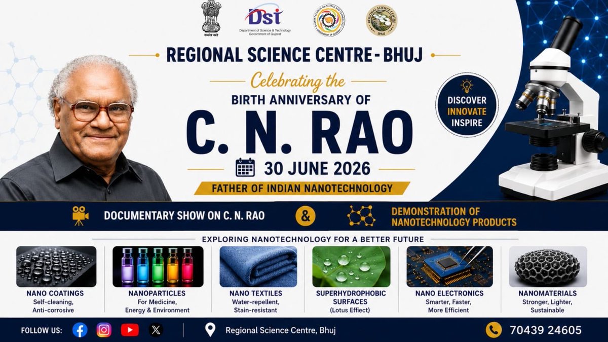 RscBhuj's tweet photo. @RSCBhuj  celebrated the Birth Anniversary of C. N Rao, with an inspiring documentary showcasing his extraordinary journey, along with demonstration of #nanotechnology products that highlighted the applications of #nanoscience. https://t.co/v9UrizaBII