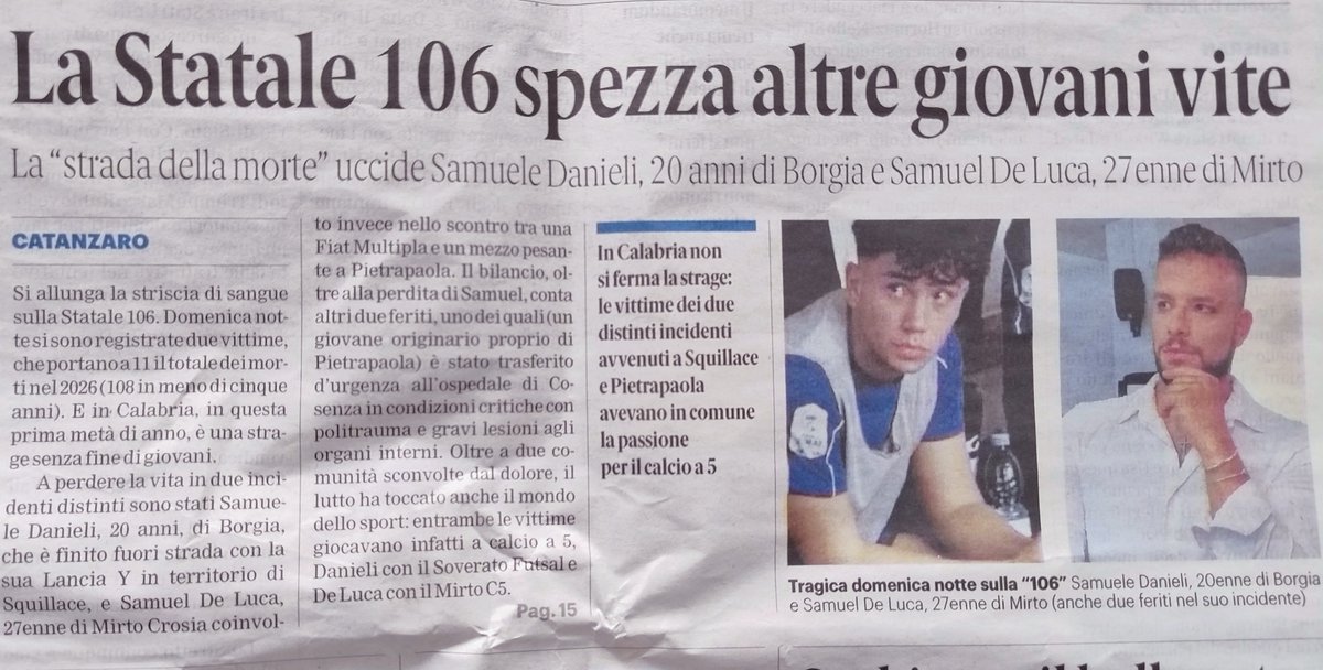 tgrcalabria's tweet photo. Mentre a #Messina una sedicenne viene falciata da un idiota in moto mentre esegue acrobazie altre due vittime sulla stessa famigerata #SS106 statale a un centinaio di km di distanza. Stessa statale stesso nome : #Samuele https://t.co/CV462SCmE9