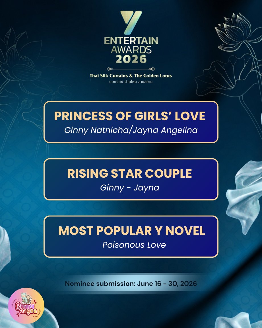 GinJayFVT's tweet photo. ⏳ 5 hours left

LAST FINAL HOURS TO COLLECT YOUR SILVER COINS TO CAST YOUR VOTE AND NOMINATE GINJAY AND POISONOUS LOVE 
 
⭐ Y Content Awards 2025
🏆 Couple of the Year: Ginny - Jayna 
🏆 Rising Actor of the Year: Ginny Natnicha 
📱 EMOS App
📌 1 silver coins per account per day 

⭐ Y Entertain Awards 2026 
🌐 Website: https://t.co/QTsyrd3Z4D 
🏆 Rising Star Couple: Ginny - Jayna 
🏆 Most Popular Novel: Poisonous Love 
🏆 Princess of Girls’ Love: Ginny Natnicha/Jayna Angelina  
🗳️ 1 vote = 10 coins (Silver or Gold)

#GinJay #จินเจ #ginnynatnicha #aangelinaass