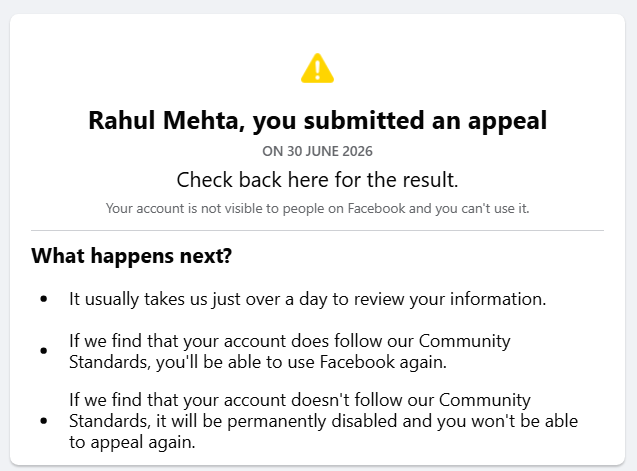 GjAh_RahulM_Rrp's tweet photo. facebook has blocked = deactivated my account for now. So I cant see my FB posts and no can see my FB posts either. FB says - they will review in 1-2 days.  And they may unblock account or keep it blocked for good
.
Solution : people of Bharat need to end ALL foreign social media such FB insta twi YT wa and have only 100% Bharatiya sm platforms