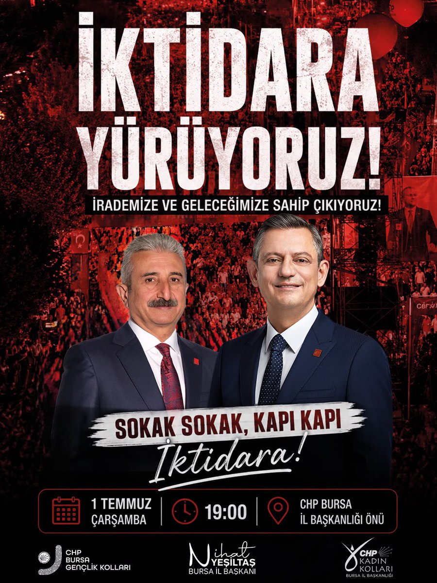 nurhayataltaca's tweet photo. BİNALAR SİZİN, MEYDANLAR BİZİM!

İrademize, demokrasimize ve geleceğimize sahip çıkmak için kararlılıkla yürümeye devam ediyoruz.

📍 CHP Bursa İl Başkanlığı
📅 1 Temmuz Çarşamba 
🕖 19.00 https://t.co/tyuwZzQBwG