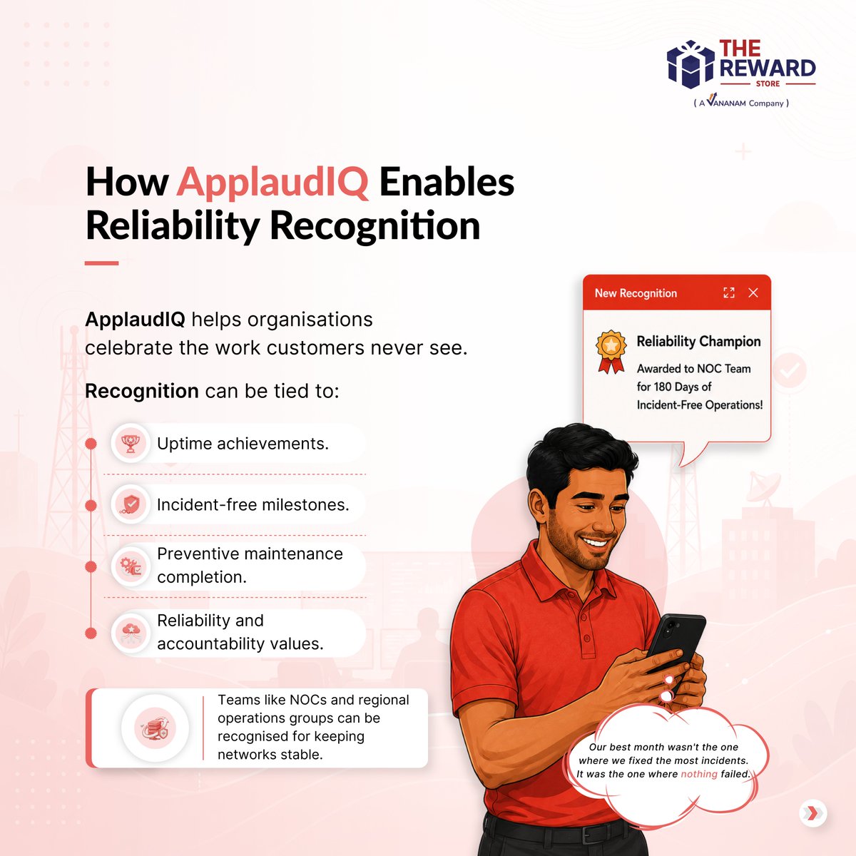 therewardstore's tweet photo. The challenge? Success often looks like nothing going wrong.

With ApplaudIQ, organisations can recognise the teams who keep critical operations running and turn invisible contributions into visible appreciation. https://t.co/ZNCh0rwAJG