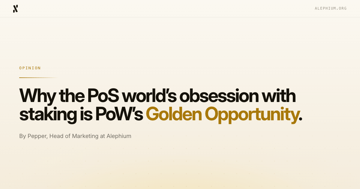 alephium's tweet photo. New Article 📰

@BigPepGhost explores what PoS staking participation rates suggest about community conviction.

He explains why he believes the upcoming launch of Powfi positions Alephium to close a long-standing gap for PoW.

Read it here:
🔗 https://t.co/UAcp0M567A