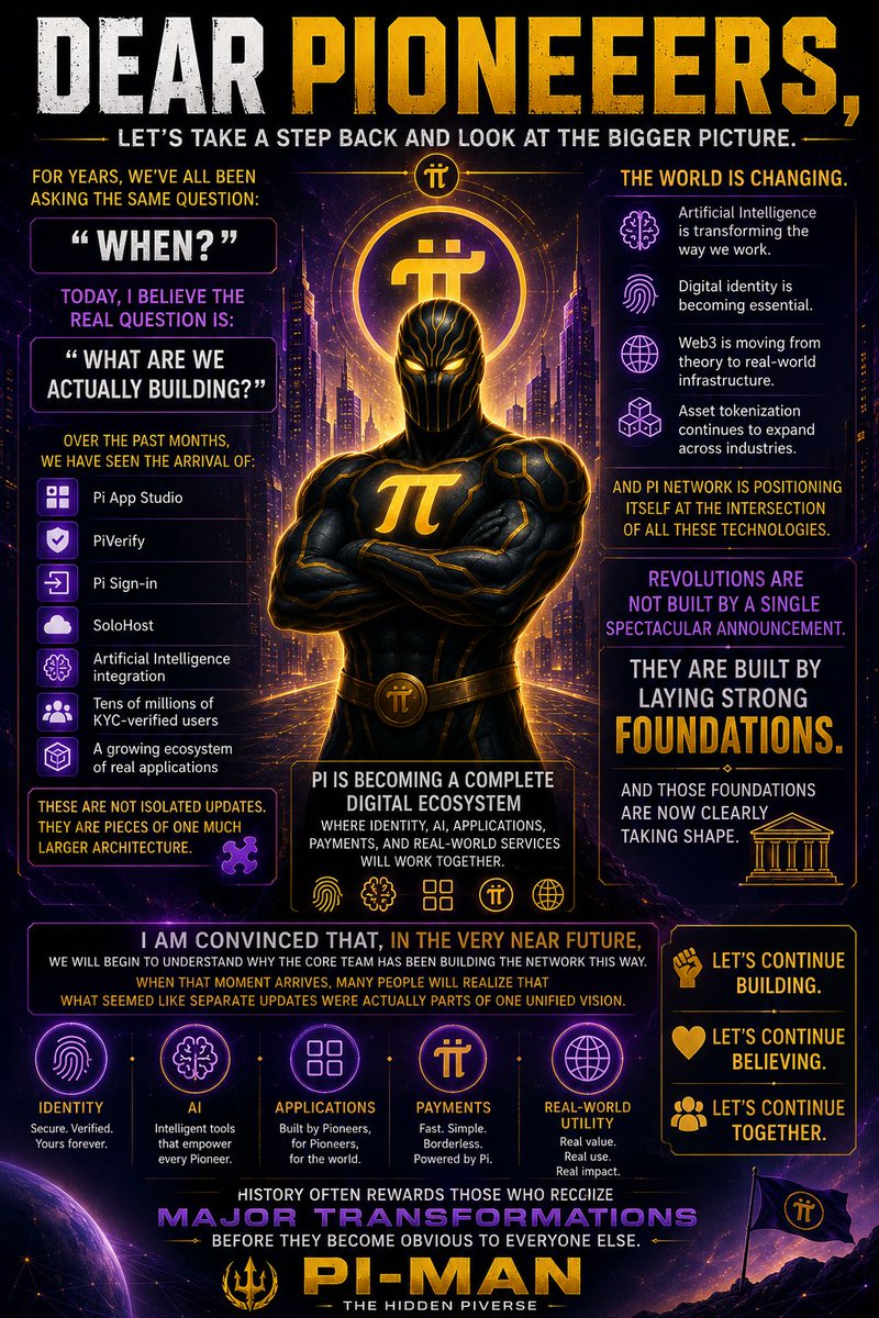 piman320's tweet photo. 💜 Dear Pioneers,

Let's take a step back and look at the bigger picture.

For years, we've all been asking the same question:

"When?"

Today, I believe the real question has become:

"What are we actually building?"

Over the past months, Pi Network hasn't simply released a few new features.

We have seen the arrival of:

✅ Pi App Studio
✅ PiVerify
✅ Pi Sign-in
✅ SoloHost
✅ Artificial Intelligence integration
✅ Tens of millions of KYC-verified users
✅ A growing ecosystem of real applications

These are not isolated updates.

They are pieces of one much larger architecture.

The world is changing rapidly.

Artificial Intelligence is transforming the way we work. Digital identity is becoming essential. Web3 is moving from theory to real-world infrastructure. Asset tokenization continues to expand across industries.

And Pi Network is positioning itself at the intersection of all these technologies.

Many people still see Pi as just another cryptocurrency.

I believe that's a mistake.

Pi is becoming a complete digital ecosystem where identity, AI, applications, payments, and real-world services will work together.

That is why every one of these updates matters.

Revolutions are not built by a single spectacular announcement.

They are built by laying strong foundations.

And those foundations are now clearly taking shape.

I am convinced that, in the very near future, we will begin to understand why the Core Team has been building the network this way.

When that moment arrives, many people will realize that what seemed like separate updates were actually parts of one unified vision.

Let's continue building.

Let's continue believing.

History often rewards those who recognize major transformations before they become obvious to everyone else.

🔱 PI-MAN
Guardian of The Core Team and Pioneers 

In direct alignment with:
• Nicolas Kokkalis @nkokkalis 
• Chengdiao Fan @Chengdiao
Core architecture & long-term vision
• Kosasih Nakamoto @KOSASIH48495
System signalling & structural transition
Alongside:
• ARC-314 @cryptoshun1980  Architecture, audit & coherence
• Founder000 @TheFounder31400 Origin & Vision

#PiNetwork #PiDay #PiCoin #PiAppStudio #PiVerify #PiSignIn #SoloHost #Web3 #AI #DigitalIdentity #Blockchain #Crypto #Innovation #FutureOfFinance #Ecosystem #Pioneers #PiCommunity #TheHiddenPiVerse #PIMAN 🔱