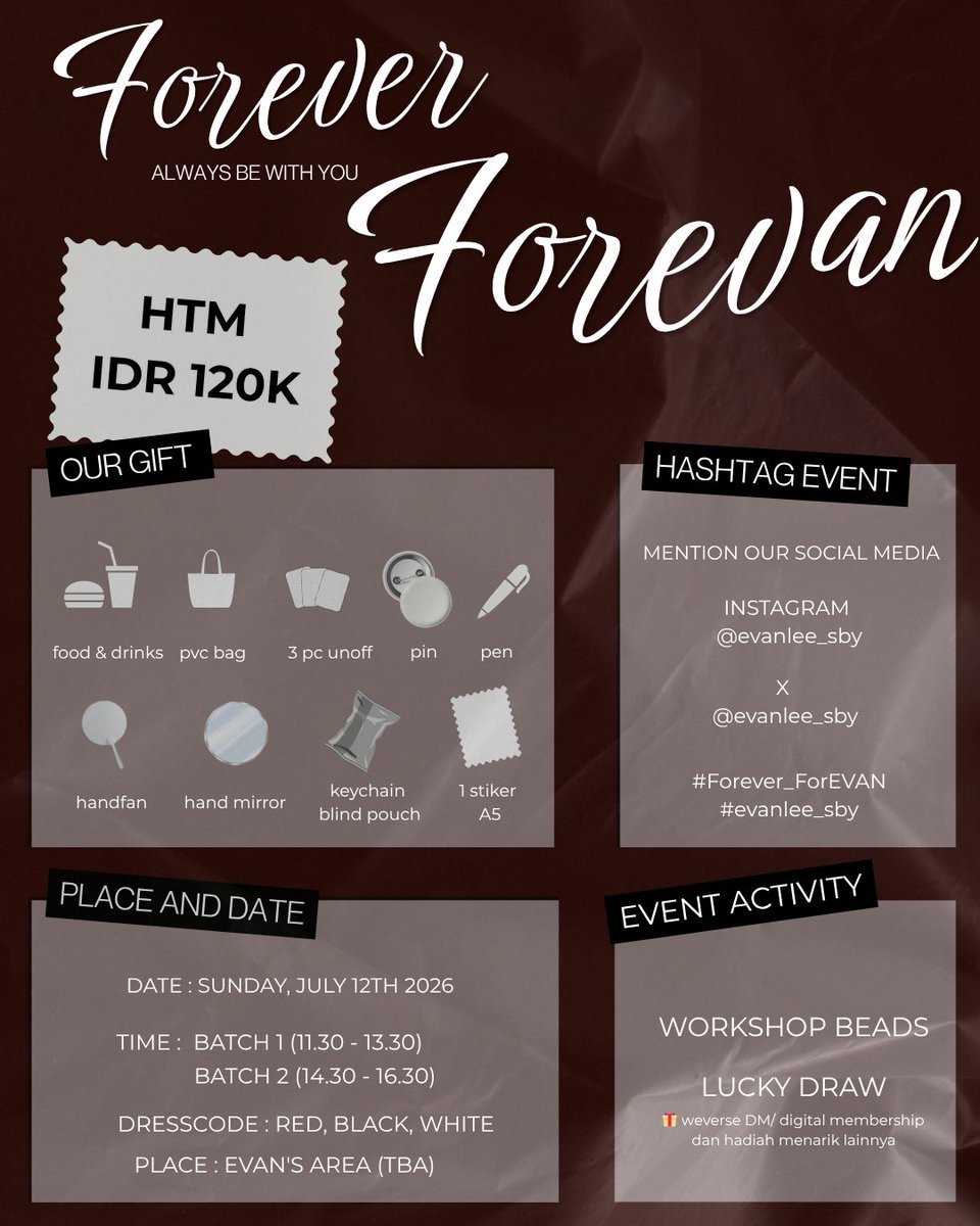 LEEHEESEUNG_INA's tweet photo. [📍] EVENT SURABAYA
✩ 𝙁𝙊𝙍𝙀𝙑𝙀𝙍 𝙁𝙊𝙍𝙀𝙑𝘼𝙉 ✩

EVAN SOLO DEBUT CAFE EVENT by @ever_sby 
 
🗓️ Minggu, 12 Juli 2026
📍 Evan’s area, Surabaya (tba)
🔗 https://t.co/XBcj4J8l2e

Yuk amankan slotmu EVER! 
#Forever_ForEVAN #ever_sby
#EVAN #HEESEUNG https://t.co/gMkmgCcU6e