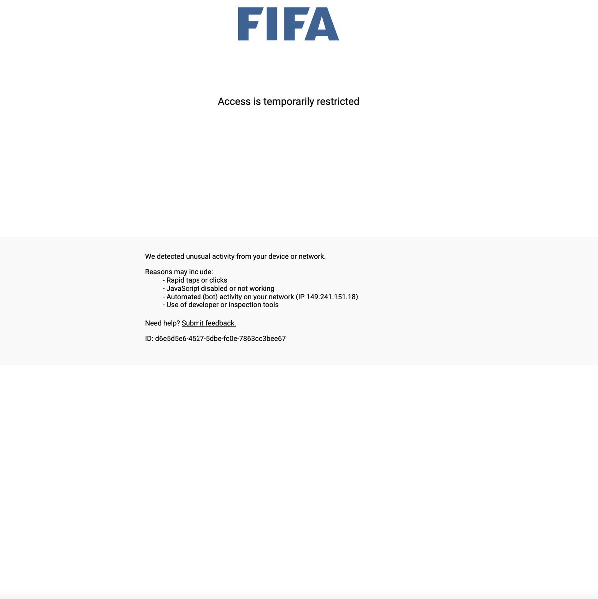CaenSuffield's tweet photo. @FIFAWorldCup @FIFAcom What could possible su up FIFA better that Ticket Sales and Ticket Marketplace being inaccessible, but ironically thye do have Hospitality open for business... A game for the People being screwed by FIFA - disgraceful, but expected once again... https://t.co/ODwN07KCaY