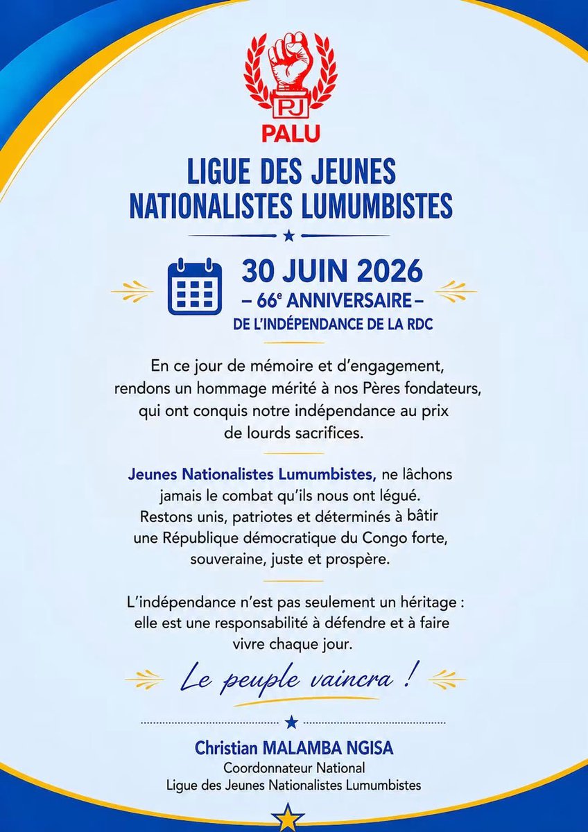 sir_malgiz's tweet photo. #PALU : Jeunes nationalistes Lumumbistes, 
Restons unis, patriotes et déterminés à bâtir une République démocratique du Congo forte, souveraine, juste et prospère.

@PatrickMuyaya @erictshikuma @Bawula_du_Congo @drackNgoy4 @Christian_ilung @PrinceIlunga14 @NgogoBrian @JoelNdondoboni @EkosaJc @kakese_leon @central_sage @AlainMake20 @MuadiLaeticia @Kabongo1603 @KongoloEric2 @JeunessePalu @judaRdc @FabriceYada @BaeloMichel 

#30juin
#Indépendance
#uyangangolo