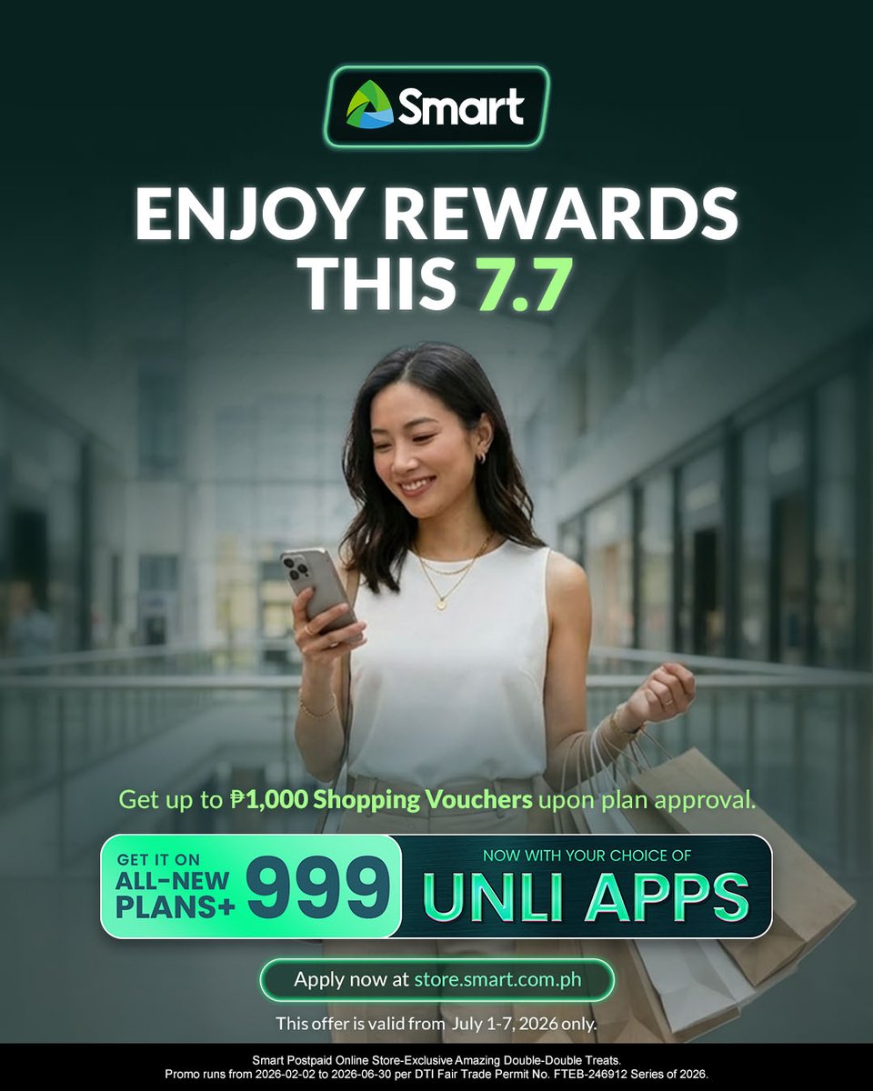 LiveSmart's tweet photo. A 7.7 deal worth adding to your cart! 🛒

Apply for a Smart Postpaid Plan online from July 1 to 7 and get up to ₱1,000 worth of shopping vouchers upon approval.

Apply now 👉 https://t.co/60GrdghwY5 https://t.co/8K79KSEyyG