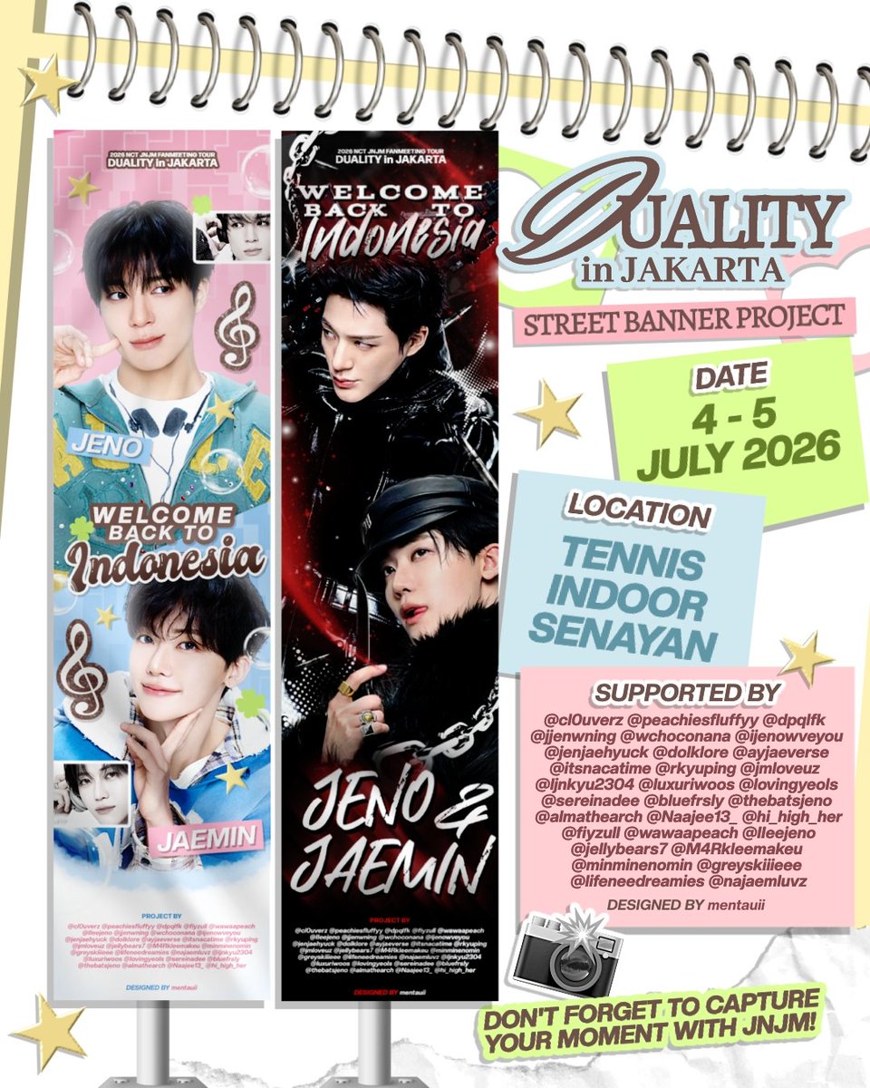 M4Rkleemakeu's tweet photo. ˗ˏˋ ★ 𝐓𝐰𝐨 𝐒𝐢𝐝𝐞𝐬, 𝐎𝐧𝐞 𝐃𝐮𝐚𝐥𝐢𝐭𝐲 ★ˎˊ˗

#JENO #JAEMIN Street Banner Project for NCT JNJM FANMEETING TOUR [DUALITY] in Jakarta

📆 July 4–5, 2026
📍 Tennis Indoor Senayan

Stop by our street banners, snap a photo with #JNJM, and make unforgettable memories together! https://t.co/dmZxDPmJOI
