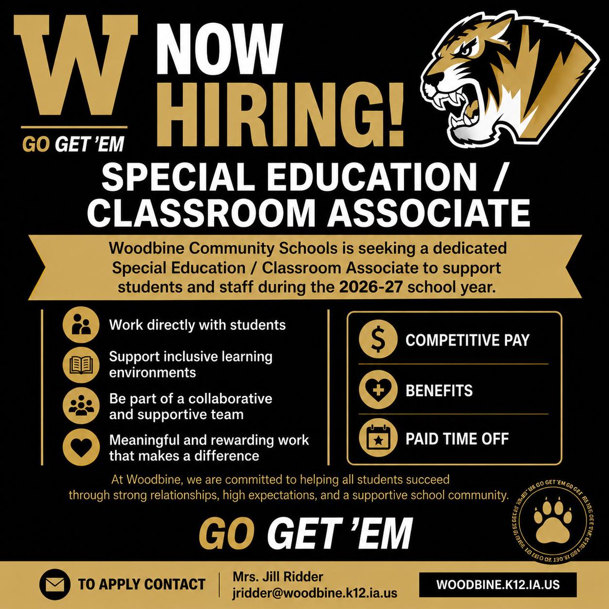 WoodbineTigers's tweet photo. Now hiring: Special Education/Classroom Associates & FullโTime Daycare Staff at Woodbine Community Schools! Join a supportive team, make a real difference, and enjoy competitive pay + benefits.
Apply: jridder@woodbine.k12.ia.us
#WoodbineJobs #NowHiring #GoGetEm https://t.co/TLoyXJIBAD