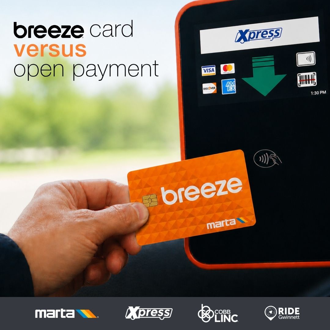 Xpressga's tweet photo. Choosing between a Breeze Card and Open Payment? 🤔

Use Open Payment for quick tap-and-go with your card or mobile wallet. Choose a Breeze Card if you ride often and want 10-trip or 31-day pass savings.

Learn more: https://t.co/2tuS2wNans #betterBreeze #XpressGA https://t.co/xDUHcRw89F
