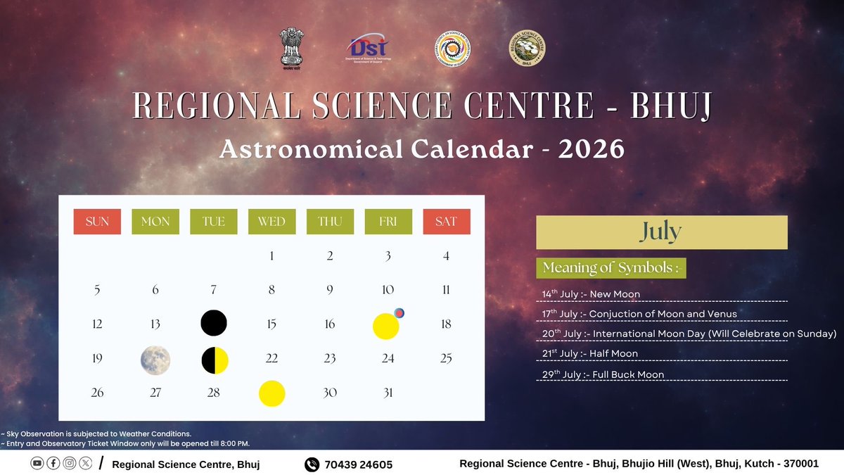 RscBhuj's tweet photo. July writes its story in moonlight @RSCBhuj. Witness the Full Buck Moon, celebrate International Moon Day, and enjoy the graceful conjunction of the Moon and Venus at India's Largest Public Space Observatory—three celestial moments making July a spectacular month for skywatchers. https://t.co/jbUFVdSaeM
