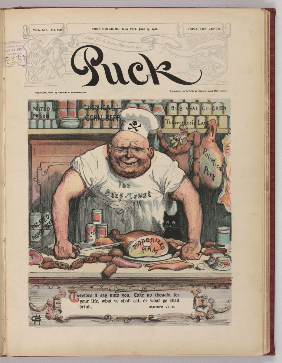 TR_Center's tweet photo. #OnThisDay in 1906, President Roosevelt signed the Pure Food and Drug Act into law, using the federal government's control over interstate commerce to regulate the safety of products made for human consumption.

Investigative journalists, as well as government investigators, had exposed the filthy, dangerous conditions in the meatpacking industry, and the public demanded action. The act prohibited the sale and transport of products that were chemically adulterated in such a way that either masked inferior quality or spoilage, or that was otherwise injurious to health. It also required that products be properly labeled and branded as to the ingredients they contained.

Learn more about this cartoon in our digital library, where it is just one of over 130,000 records available for free: https://t.co/uhFJUtxhT8