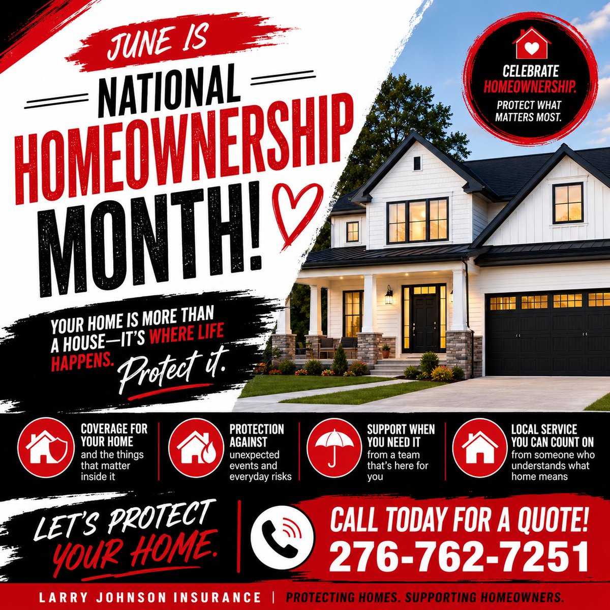 AgentJohnsonSF's tweet photo. June is National Homeownership Month

Give us a call for a quote on your home insurance.

Larry Johnson Insurance
276-762-7251
36 Miners Drive, Castlewood, VA 24224 https://t.co/Tt0NHUqHS4