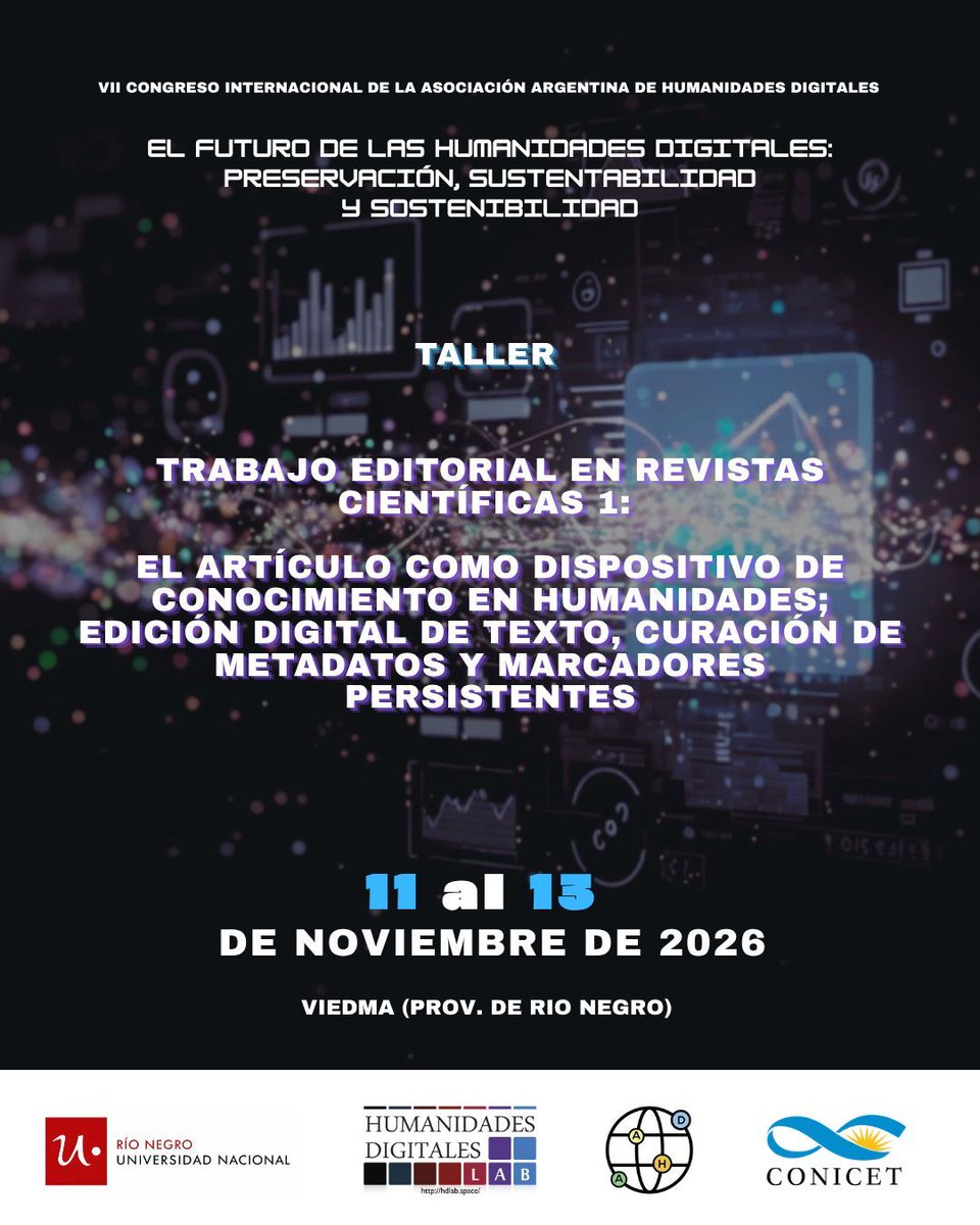 aahdArg's tweet photo. 🧠📚 TALLER EN EL MARCO DEL VII CONGRESO INTERNACIONAL DE LA AAHD

👉 Para mas información: https://t.co/v8XMo2wITT 

#HumanidadesDigitales #CongresoAAHD #UNRN #CONICET https://t.co/1dpxDCt123