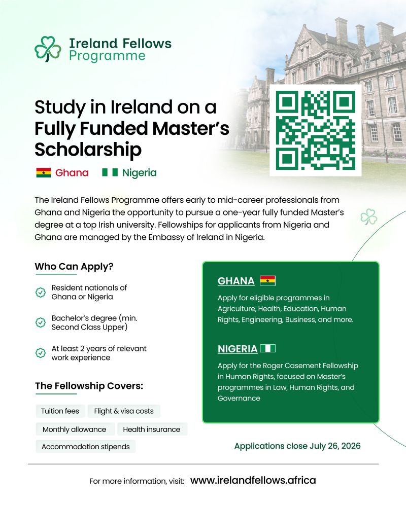 hannytalker's tweet photo. Applications are now open for the opportunity to study in Ireland on a fully funded (!!) Master's #scholarship 🎓

🇳🇬 Applicants from #Nigeria can apply for the Roger Casement Fellowship in Human Rights, supporting Master's programmes in Law, Human Rights and Governance.

🇬🇭 Applicants from #Ghana can apply for eligible Master's programmes through the IFP – Africa stream.

Having worked with Irish higher education institutions for many years, I've seen first-hand the impact these opportunities can have —not only academically, but also personally and professionally. Ireland offers a truly welcoming environment, world-class universities, and an experience that stays with you long after graduation.

If you meet the criteria, I would strongly encourage you to apply. It could be the start of something life-changing. All info via https://t.co/Ec3CJmbx0N