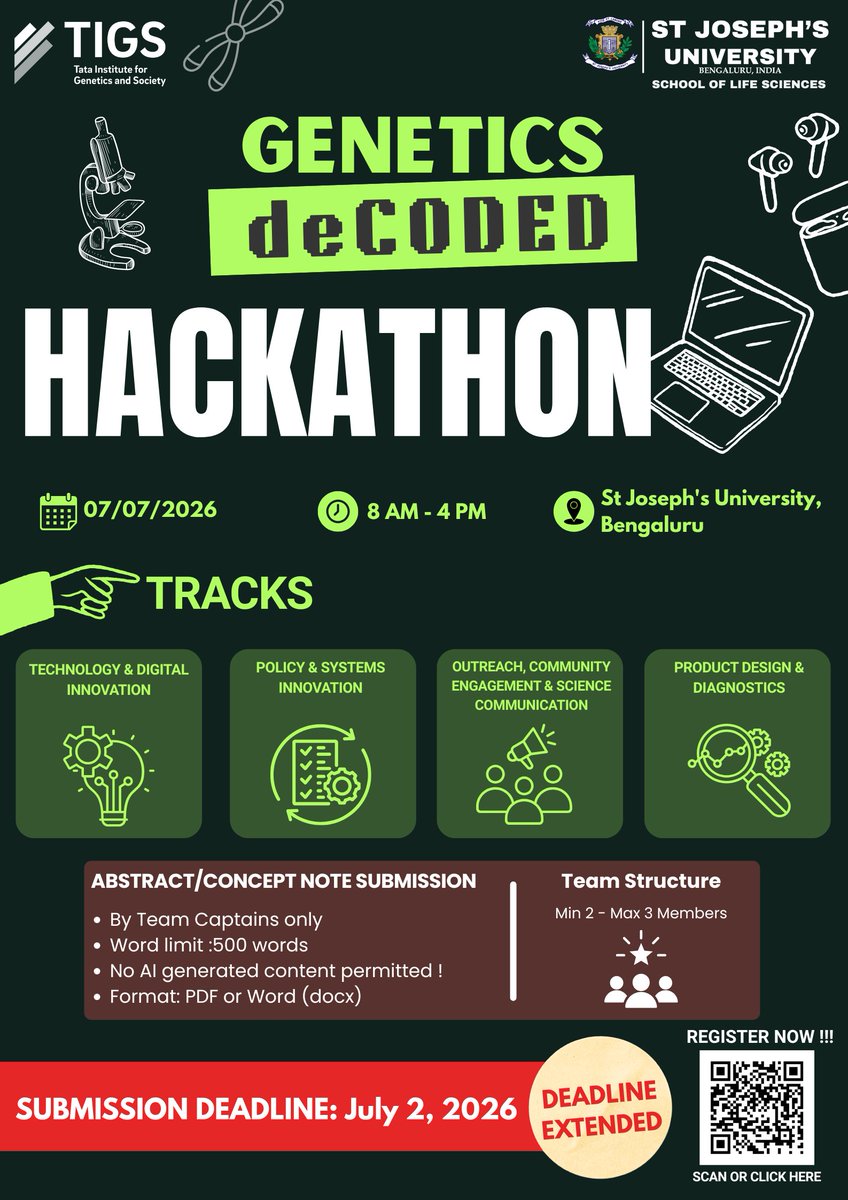 TIGS_India's tweet photo. 📢 Deadline extended for the #Hackathon "Genes to Impact" at #Genetics deCoded – Edition 3!

🗓️ Submit by: 2 July
🔗https://t.co/G1EFsFjhzx

👥2–3 members
📅7 July
⏰8:00 – 4:00
📍@sjcbengaluru

If you haven't submitted yet, here's your chance to get your abstracts in! https://t.co/qHlj1z23At