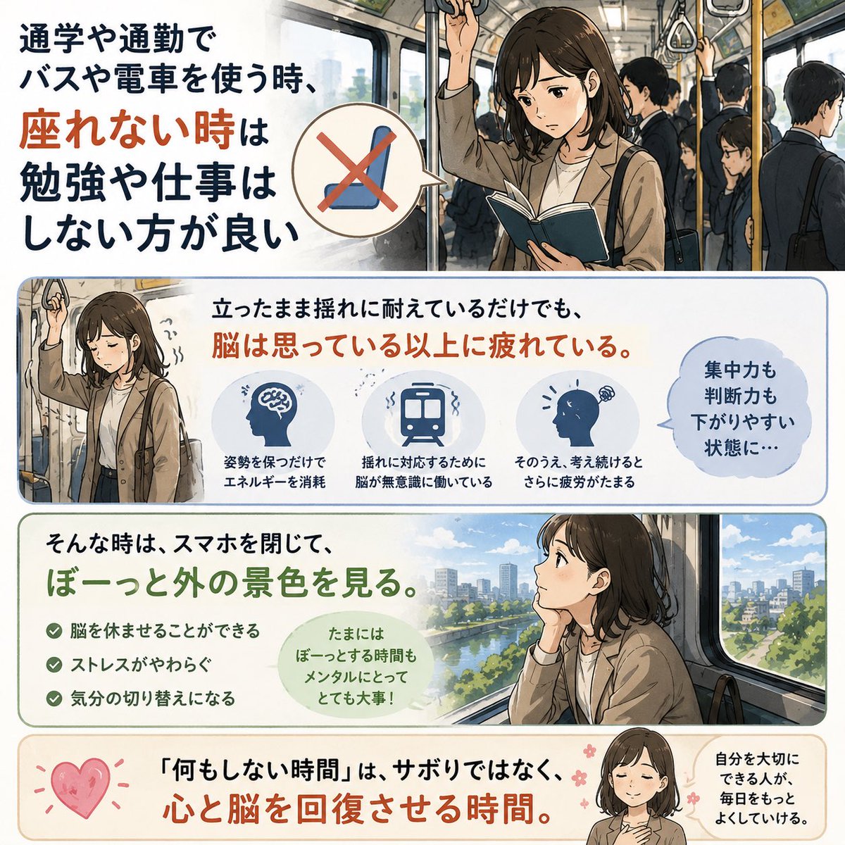 DoctorYouMe's tweet photo. 通学や通勤でバスや電車を使うなら、座れない時は無理に勉強や仕事をしない方がいい。

立ったまま揺れに耐えているだけでも、脳は思っている以上に疲れている。

そんな時は、スマホを閉じて、ぼーっと外の景色を見る。

「何もしない時間」は、サボりではなく、心と脳を回復させる時間だと思う。 https://t.co/plhTToW24D