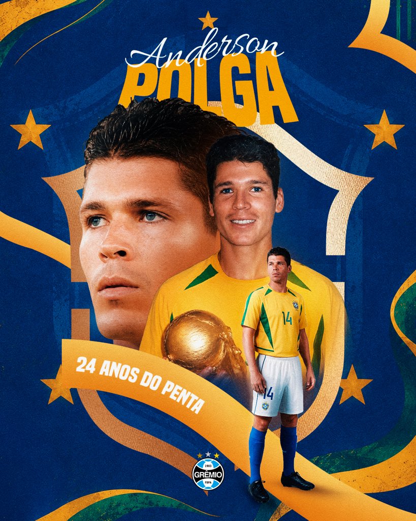 Gremio's tweet photo. Há 24 anos, pintávamos o mundo de verde e amarelo pela quinta vez 🇧🇷 ⭐⭐⭐⭐⭐️

Entre os convocados por Luiz Felipe Scolari, um nome que encheu os gremistas de orgulho: Anderson Polga. Cria da #BaseGremista, o zagueirão representou as três cores naquela conquista Imortal. Além dele, o atacante Luizão também esteve entre campeões enquanto vestia o manto Tricolor.

Parabéns por fazerem parte da história do futebol brasileiro e levar o nome do Grêmio ao topo do mundo! 🇪🇪💙