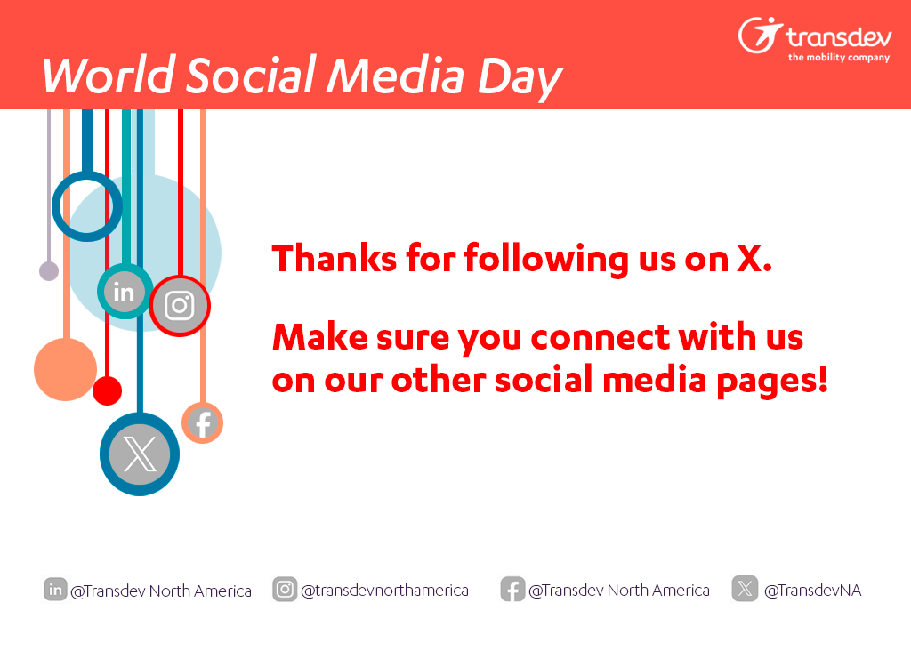 TransdevNA's tweet photo. 📱 Happy World Social Media Day!

At #Transdev, we use social media to show how #PublicTransportation opens doors, builds #communities, and connects people. Shoutout to our amazing teams serving the #CommonGood!

Follow Transdev U.S. for more inspiring stories. 🚌✨ https://t.co/USdhknGfnf