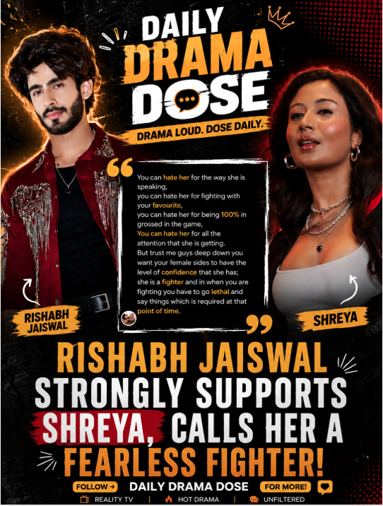 The_Drama_Dose's tweet photo. 🚨 Rishabh Jaiswal has made his stance crystal clear!

While Shreya Kalra continues to face criticism inside #LockUpp2, Rishabh isn't backing down. 

Calling her a "fearless fighter," he praised her confidence, determination, and refusal to give up despite all the hate.

Drop your opinion below! 👇

#ShreyaKalra #RishabhJaiswal #LockUpp #DailyDramaDose