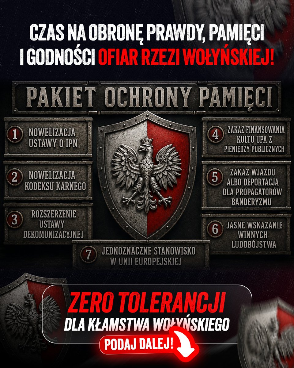 MorawieckiM's tweet photo. 🟥Polska nie może być miejscem, w którym bezkarnie gloryfikuje się UPA, Banderę i sprawców ludobójstwa na Polakach.

🟥Dlatego jasno mówimy: zmiana art. 256 Kodeksu karnego musi objąć symbole, emblematy, medale i wszelkie formy propagowania ukraińskiego nacjonalizmu z czasów II wojny światowej.

🟥Kto w Polsce publicznie czci UPA, sławi Banderę albo posługuje się symbolami organizacji odpowiedzialnych za mordowanie polskich dzieci, kobiet i całych wsi - powinien ponieść odpowiedzialność karną, a cudzoziemiec powinien zostać deportowany.

🟥Bez wyjątków. Bez politycznej poprawności. Bez zamiatania sprawy pod dywan.

🟥Przyjęcie takiej ustawy da państwu polskiemu jasną podstawę prawną do natychmiastowych działań. Także wobec osób publicznych, samorządowców czy polityków z Ukrainy, którzy próbują przenosić kult UPA na polską ziemię.

🟥Dziś razem z @michaldworczyk, @RyszardBar98354, @OlgaEwaSemeniuk i @Pawlowska_pl mówimy stanowcze NIE hańbiącej bierności rządu Tuska wobec gloryfikowania zbrodniarzy z UPA.

🟥Oddaję Order Jarosława Mądrego do powstającego Muzeum Rzezi Wołyńskiej w Chełmie, aby służył pamięci ofiar tej strasznej ukraińskiej zbrodni na Polakach.

🟥Złożymy także poprawkę do sprawozdania Parlamentu Europejskiego ws. Ukrainy:
„Parlament Europejski uznaje UPA za organizację o nazistowskim charakterze, odpowiedzialną za masowe zbrodnie na ludności cywilnej, polskiej i żydowskiej, której gloryfikowanie nie daje się pogodzić z wartościami europejskimi”.

🟥Nie będzie naszej zgody na Ukrainę w Unii Europejskiej, jeśli nie potrafi rozliczyć się z historią, potępić ludobójstwa i odrzucić kultu Bandery.

🟥NIE dla bierności polskiego rządu.
🟥NIE dla gloryfikowania UPA.
🟥NIE dla banderyzmu w Polsce.

🟩TAK dla deportacji tych, którzy w Polsce czczą zbrodniarzy.
🟩TAK dla prawdy historycznej.
🟩TAK dla pamięci o ofiarach Rzezi Wołyńskiej. 
 🇵🇱