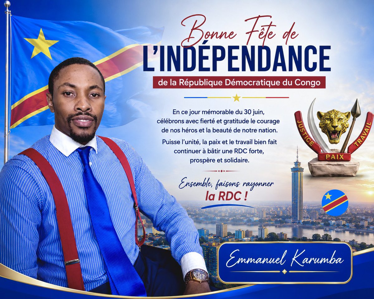 KarumbaEmmanuel's tweet photo. En ce jour mémorable du 30 juin, célébrons avec fierté et gratitude le courage de nos héros et la beauté de notre nation.
Puisse l'unité, la paix et le travail bien fait continuer à bâtir une RDC forte, prospère et solidaire.
Ensemble, faisons rayonner la RDC! https://t.co/AQ8L7tqcbQ