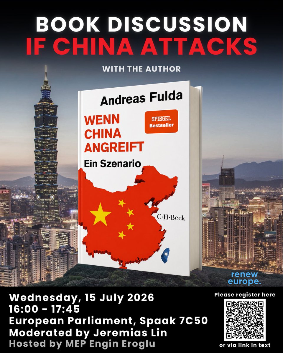 EnginEroglu_FW's tweet photo. What would the consequences be for Europe if a conflict were to unfold between China and Taiwan?

In his book »If China Attacks: A Scenario«, UK-based political scientist and China expert Andreas Fulda @AMFChina of the @UniofNottingham uses a counterfactual narrative to reconstruct a potential Chinese attack on Taiwan.
He offers a multifaceted analysis of the possible global consequences of such an invasion and suggests ways to prevent conflict.

Join us for a discussion with the author in the European Parliament about this important topic. The exchange will be moderated by Jeremias Lin.

Please register here: https://t.co/xSnUAUUsNY

#China #Taiwan #Europe #Geopolitics