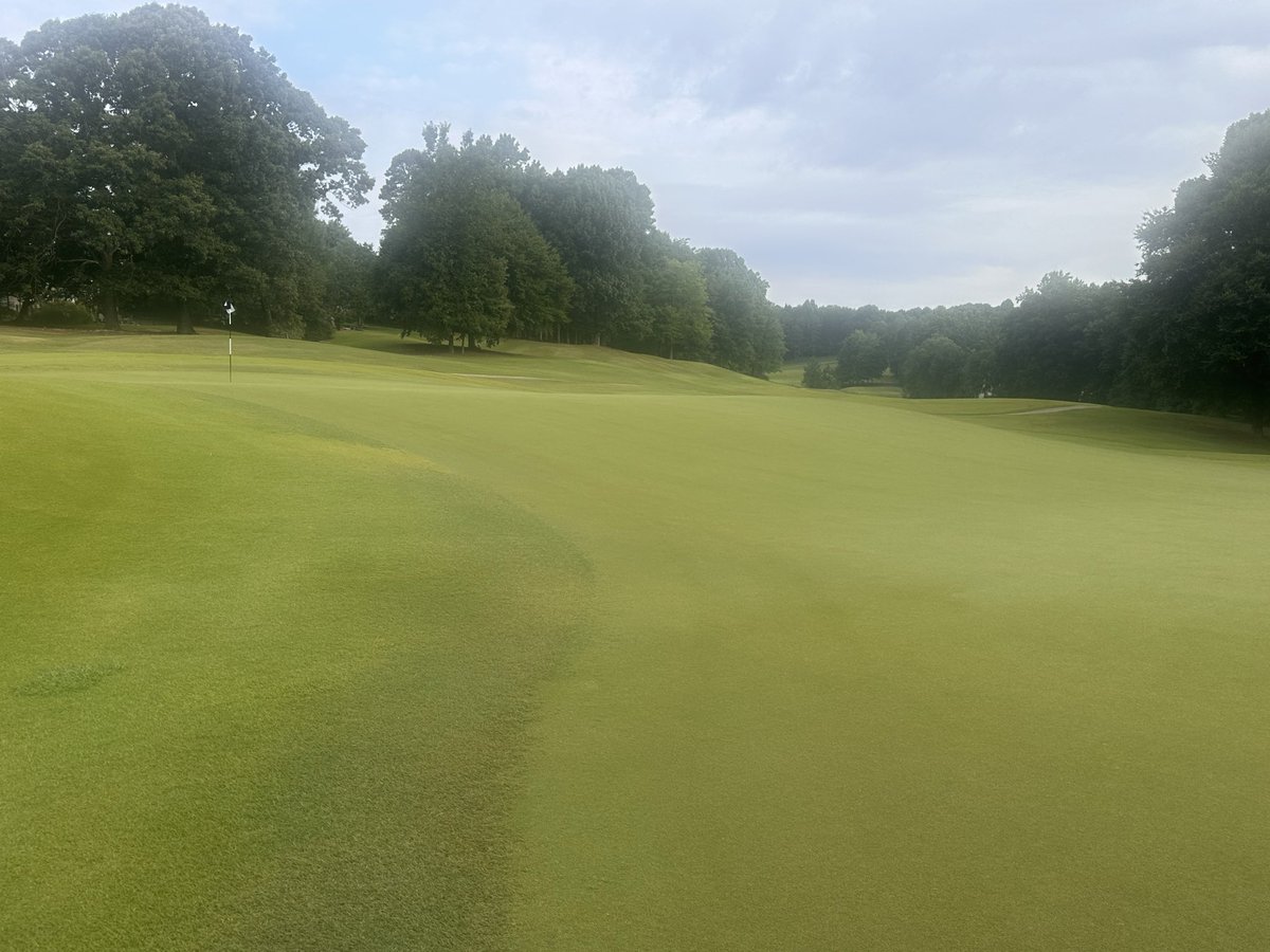 DaryckB's tweet photo. We ran a heavy irrigation cycle last night pumping an enormous vol.  of H20 to provide the greens w/ a sodium flush.  Greens will be very soft, however, they perc @ nearly 23”/hr which is rapid &amp; should firm up rather quickly.  Thank you for your patience &amp; please fix ball marks. https://t.co/O5qnHtmD02