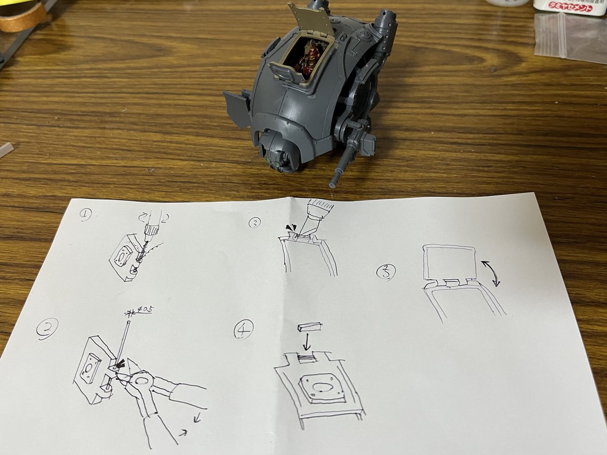 Amatora_WH_only's tweet photo. ハッチの開閉は簡単な加工でできます。
みんなもやってみよう！

用意するもの
φ0.5mmピンバイス、φ0.5mm真鍮線、金属用ニッパー、デザインナイフ、プラスチックの端材、流し込み系セメント接着剤

手順
↓こう https://t.co/I7ANkUbllL