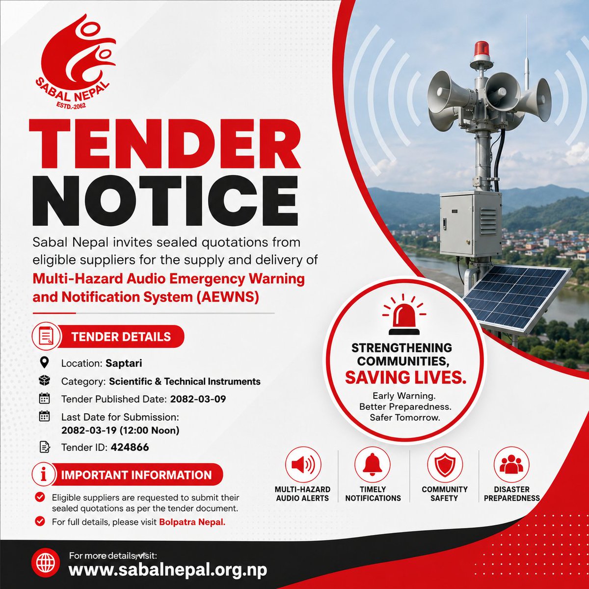 SABALNEPAL's tweet photo. बहु-जोखिम अडियो आपतकालन चेतावनी र सूचना णाल Procurement of Multi-Hazard Audio Emergency Warning and Notification System (AEWNS) को खरद तथा जडानका लागि बोलपत्र आवहान

https://t.co/fqS9iQ5Yd8 https://t.co/UmGdxydpQF