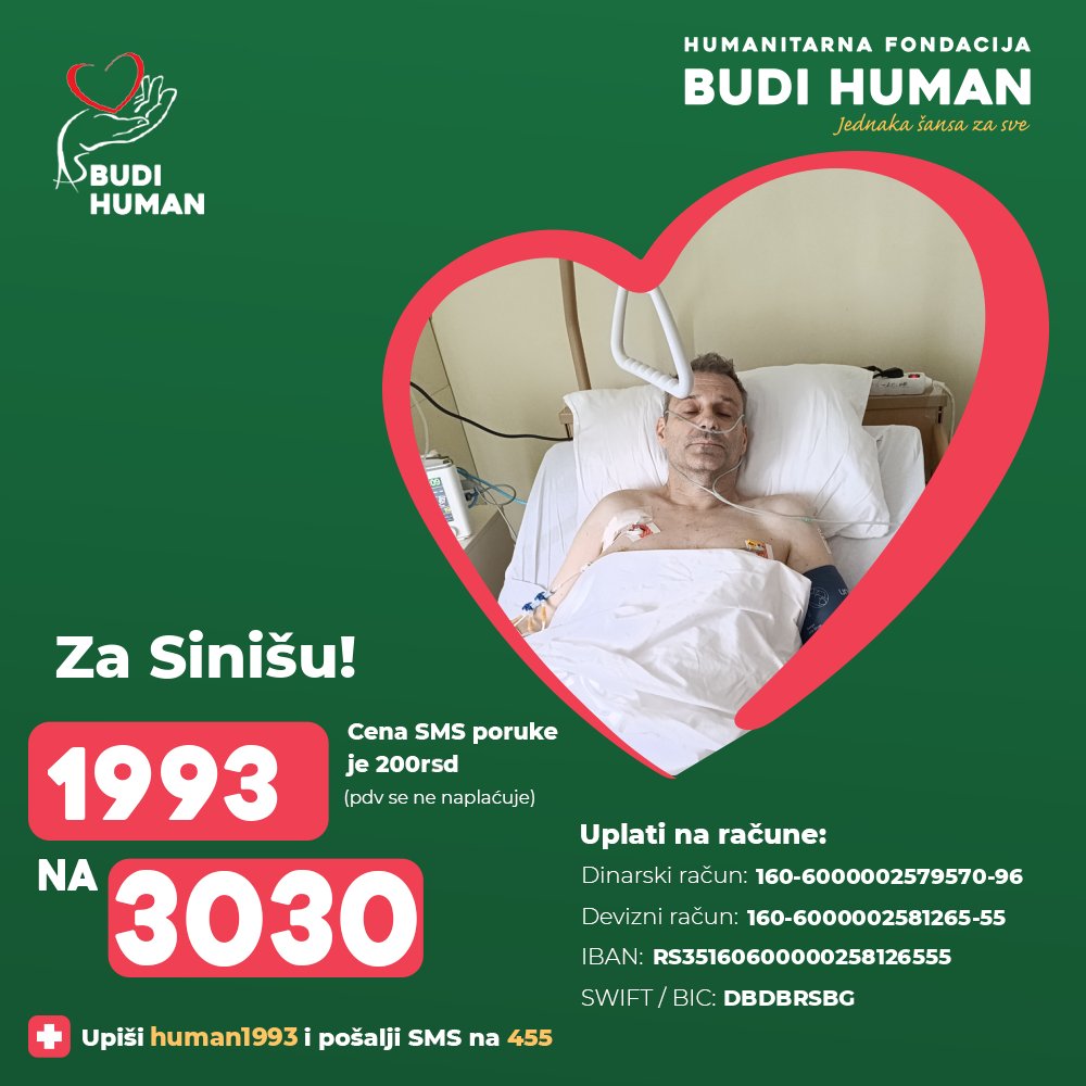 budihuman's tweet photo. Pomozimo Siniši!

Upišimo 1993 i pošaljimo SMS na 3030

https://t.co/N5AFUKmiuW

#budihuman #zaprati #jednakašansazasve #sinišaivković https://t.co/Mnk8VoZ573