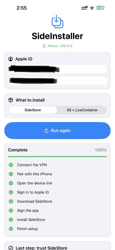 TechBit_M's tweet photo. أخيرًا أداة تثبت SideStore أو SideStore + LiveContainer 

مباشرة من الآيفون بدون كمبيوتر وبدون AltStore 🔥📱

المتطلبات 
• iOS 27
• تطبيق LocalDevVPN 

الخطوات 
1️⃣ ثبّت LocalDevVPN وفعل الاتصال بالـ VPN.
2️⃣ افتح صفحة الأداة وثبتها باستخدام أي شهادة متوفرة. او اذا عندك شهادة ثبت التطبيق بصيغة ipa 
3️⃣ بعد اكتمال التثبيت افتح التطبيق.
4️⃣ سجّل الدخول بحساب Apple الخاص بك.
5️⃣ اختر 

Install Sidestore
    أو
Install Sidestore + Livecontainer
    
6️⃣ انتظر حتى يتم تثبيت التطبيق الذي اخترته مباشرة على جهازك 

المشروع جديد ومفتوح المصدر