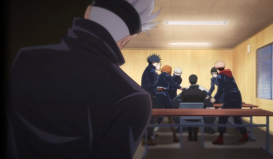artdiseasee's tweet photo. seeing the kiddos talking to ijichi and then we get gojo’s back + undercut at the same time…wowza i’m getting distracted https://t.co/AWQ6o7WdiN