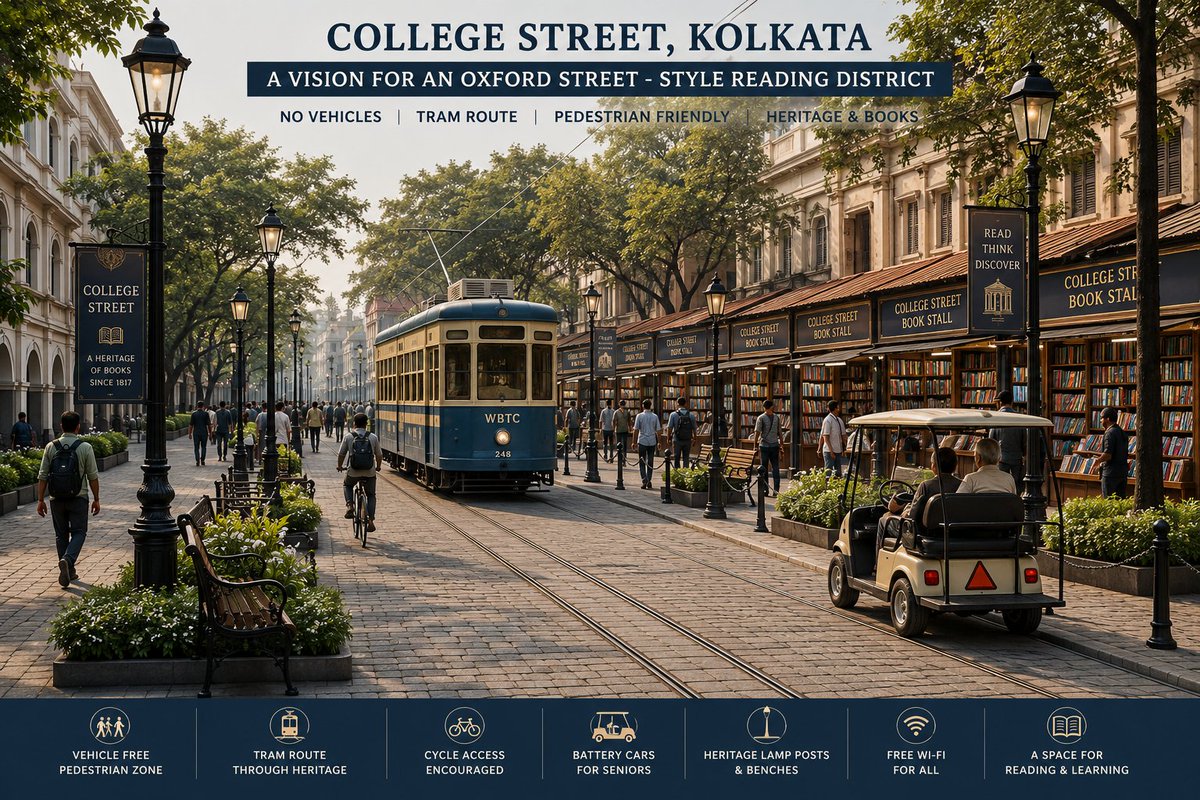InfraAddaofWB's tweet photo. 📚 𝗔𝗚𝗡𝗜𝗠𝗜𝗧𝗥𝗔 𝗣𝗔𝗨𝗟 𝗣𝗥𝗢𝗣𝗢𝗦𝗘𝗦 𝗔 𝗩𝗘𝗛𝗜𝗖𝗟𝗘-𝗙𝗥𝗘𝗘 𝗖𝗢𝗟𝗟𝗘𝗚𝗘 𝗦𝗧𝗥𝗘𝗘𝗧

BJP leader Agnimitra Paul has shared her vision for transforming Kolkata's iconic College Street into a world-class heritage and reading district.

Proposed features include:

📖 A completely vehicle-free pedestrian zone

🚋 Revival of tram services

🚲 Dedicated cycle access

🔋 Battery-operated vehicles for senior citizens

🌳 Heritage-style lamp posts, benches & cobbled streets

📶 Free public Wi-Fi

📚 Uniformly designed book stalls while preserving the area's heritage

The vision aims to create a quieter, pedestrian-friendly cultural space that encourages reading while celebrating College Street's historic identity.

Note: These are proposals shared by Agnimitra Paul and are not an official government project at this stage

#Kolkata #CollegeStreet #Trams #UrbanDevelopment #WestBengal