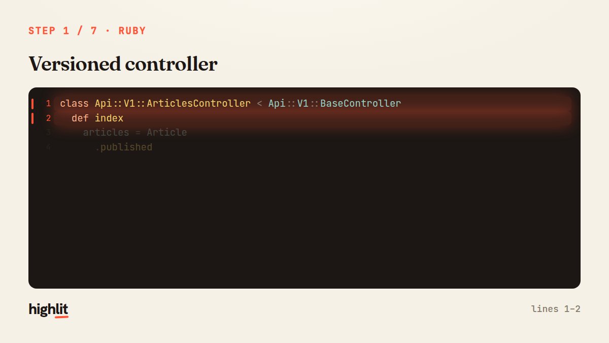 msojka's tweet photo. The controller lives under `Api::V1` and inherits from `BaseController`, namespacing the endpoint so a future `V2` can evolve independently. `index` lists articles. https://t.co/G75XpH7rF4