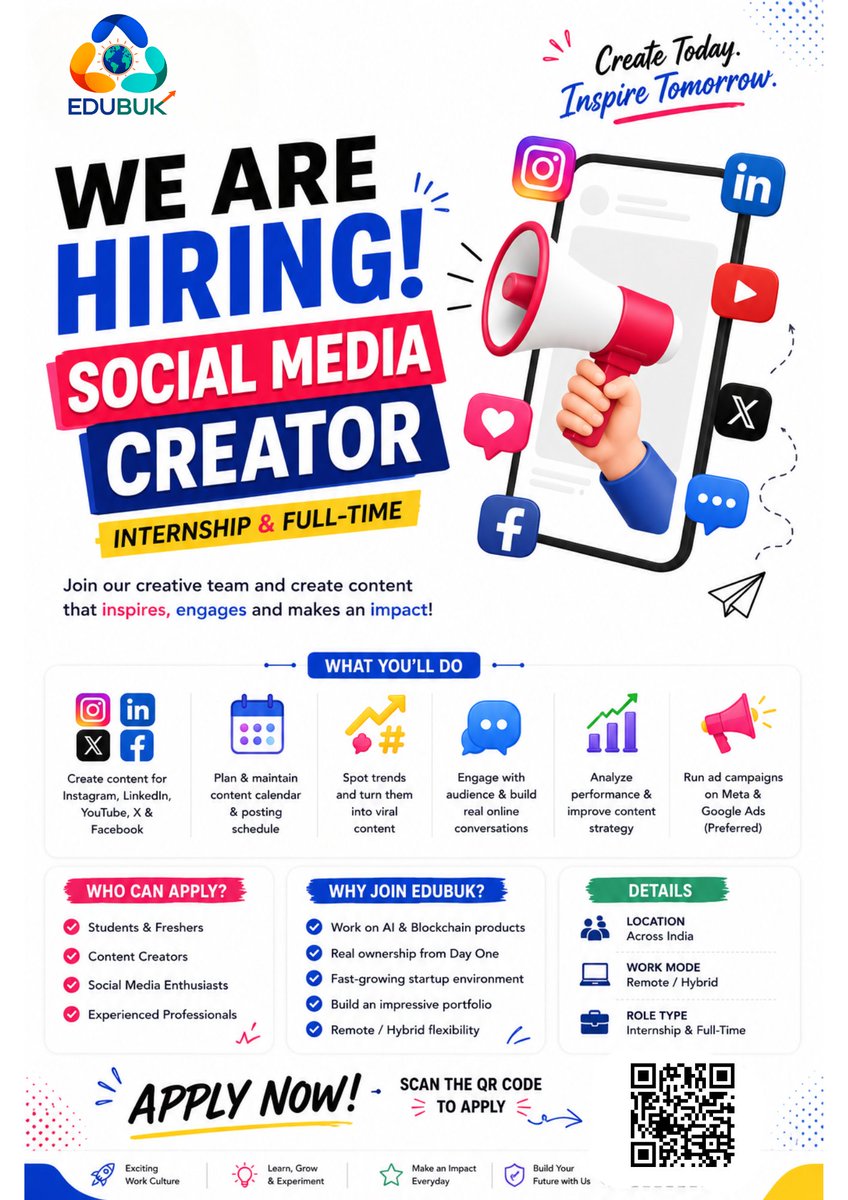 edubuktrust's tweet photo. 🚀 WE'RE HIRING | Social Media Creator (Internship & Full-Time)
Do you have a passion for creating content that captures attention, sparks conversations, and drives engagement?

Edubuk is looking for creative minds to join our team as Social Media Creators! If you're passionate about content creation, social media trends, storytelling, and digital marketing, this is your chance to work with one of India's growing AI & Blockchain EdTech companies.

What You'll Do

🎥 Create engaging posts, reels, stories & videos
📅 Plan and manage content calendars
📈 Turn trending ideas into impactful content
💬 Build and engage online communities
📊 Analyze performance and optimize content strategies
🚀 Support Meta & Google Ads campaigns (preferred)

Who Can Apply?
✔ Students & Freshers
✔ Content Creators
✔ Social Media Enthusiasts
✔ Experienced Professionals
📍 Location: Open Across India
💼 Role: Internship & Full-Time
💻 Work Mode: Remote / Hybrid
📲 Apply Now:
 https://t.co/aSzbv7pcWM
Or simply scan the QR code in the poster to submit your application.
Be the voice behind a brand that's shaping the future of AI, Blockchain, and EdTech.

Join Edubuk. Create. Inspire. Grow. 🚀

#WeAreHiring #SocialMediaCreator #ContentCreator #Hiring #Internship #FullTimeJobs #DigitalMarketing #SocialMediaJobs #ContentMarketing #CreativeJobs #RemoteJobs #Freshers #EdTech #ArtificialIntelligence #Blockchain #Edubuk #JoinOurTeam