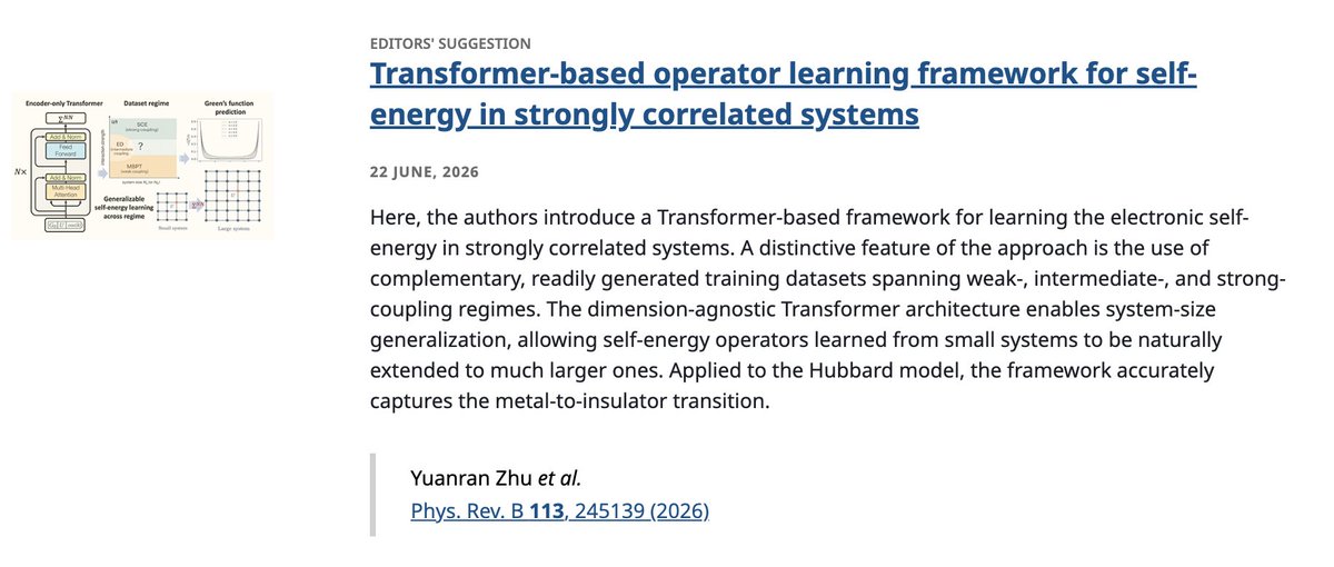 PhysRevB's tweet photo. PRB Editors' Suggestion: Transformer-based operator learning framework for self-energy in strongly correlated systems
Y. Zhu, P. Rosenberg, Z. Huang, H. Bassi, C. Yang, and S. Zhang
Phys. Rev. B 113, 245139
➡️ https://t.co/1ZaxK4pS7v
#EdSugg @APSPhysics #physics #condmat https://t.co/fHo6hbPdVg