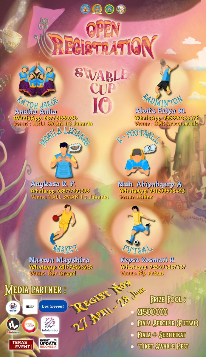whosclarclarr's tweet photo. Haii teman-temann, Swablecup 10 lagi ngadainn banyak lomba seruu nihh, ada basket, futsal, ML, E-football dan Ratoh Jaroe jenjang SMP &amp; SMA. Barangkalii ada yang mau ikutt bisa DM aku aja yaa!! Prize poolnya sampai dgn 21.500.000 😻
#zonalomba #zonauang #lomba #festival https://t.co/P7OOm8rLkQ