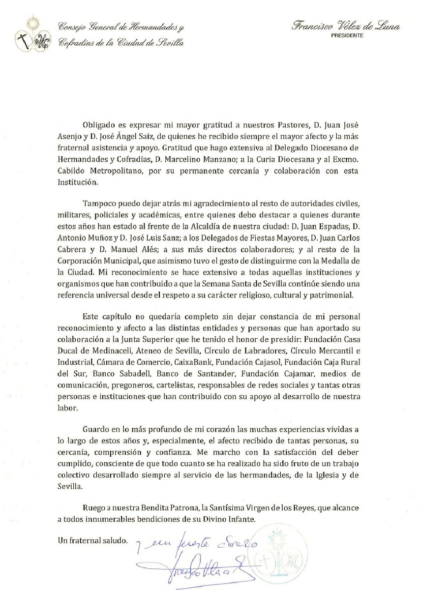 ElConsejoSev's tweet photo. 📝 Carta de despedida de D. Francisco Vélez de Luna tras sus ocho años en la presidencia y tres décadas al servicio de las Hermandades de Sevilla ocupando distintos cargos de responsabilidad en el seno del Consejo.

🔗 https://t.co/e0nUGe71yP https://t.co/MOAaH8B5JL