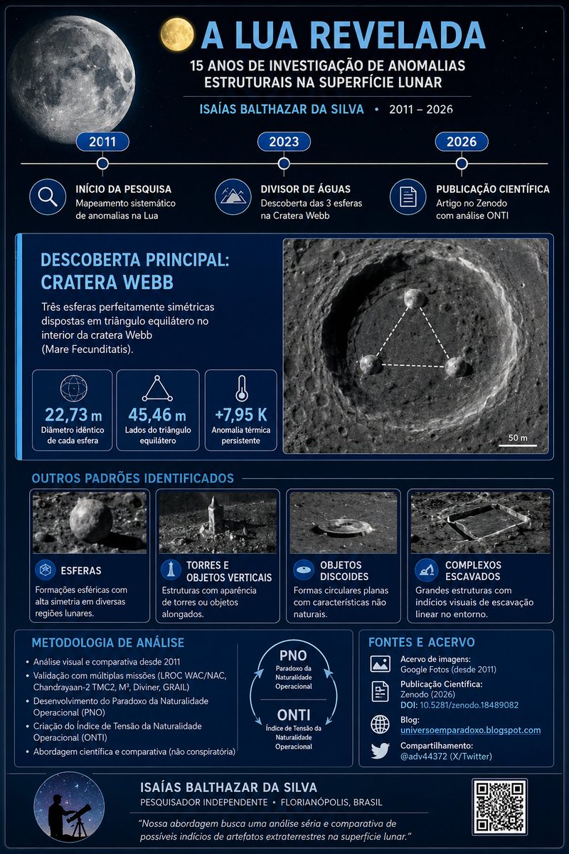 adv44372's tweet photo. Uma pequena mudança de perspectiva pode mudar o mundo.
#enigmadalua
#Lua
#Moon
#ciencia
#science
#tecnoassinatura
#tecnosignature
@SETIInstitute
@GalileoProject1
@AncientAliens
Balthazar da Silva, I. (2026). Estruturas Esféricas na Cratera Webb: Uma Análise Multissensorial sob o Paradoxo da Naturalidade Operacional (PNO) e o Índice de Tensão da Naturalidade Operacional (ONTI) (1st ed.). Zenodo. https://t.co/hpzouyrBvF