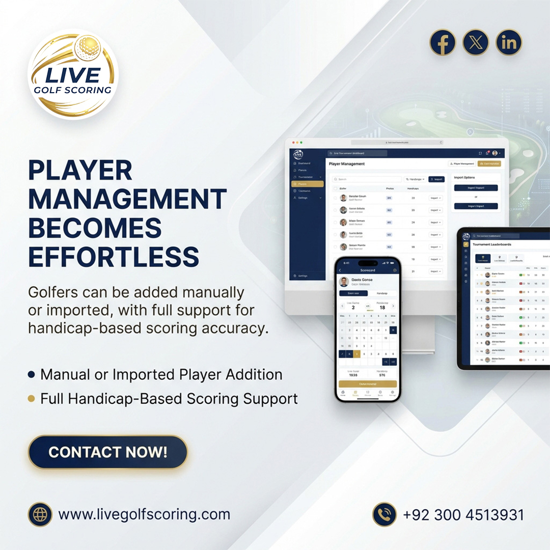 livegolfscoring's tweet photo. Player management shouldn't be complicated.
Add golfers manually or import player lists with handicap-based scoring supportโall in one platform.
Run smoother tournaments with Live Golf Scoring.
๐ https://t.co/WrI0dyLUxz
#Golf #GolfTech #TournamentManagement #LiveScoring https://t.co/w5sVGLTiYE