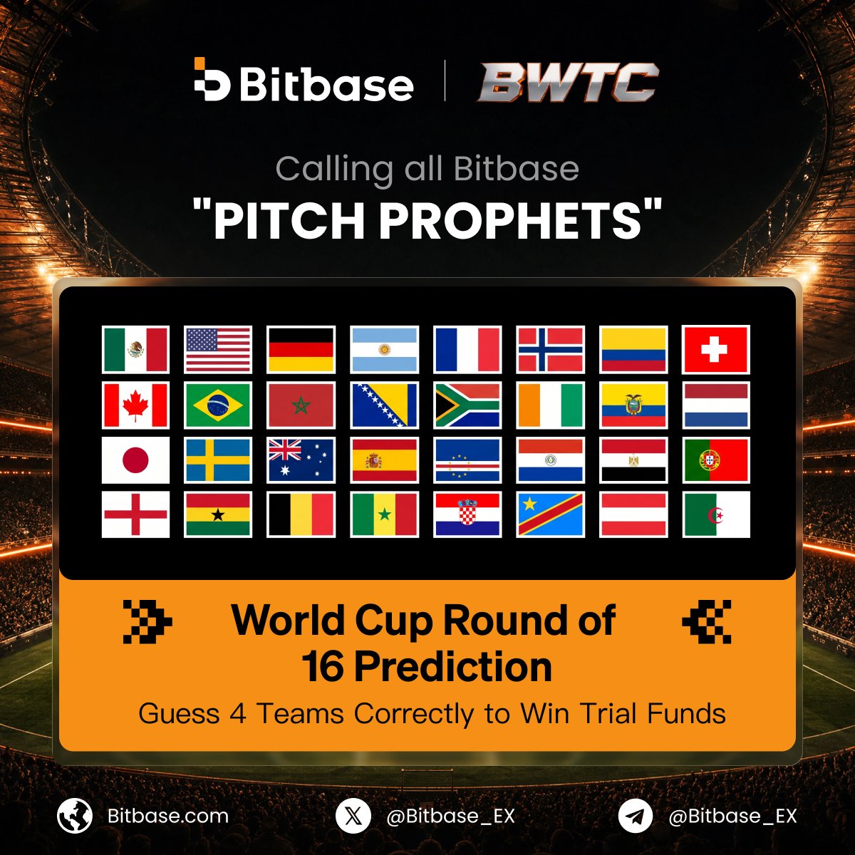 Bitbase_Ex's tweet photo. ⚽️ #BWTC2026｜Calling all Bitbase "Pitch Prophets"!

Who will break through the Round of 16? Predict 4 advancing teams correctly for a shot at winning 20 USDT  Bonus! 🎁

📋 How to Participate:
1️⃣ Follow @Bitbase_ex
2️⃣ Like + Quote RT this tweet
3️⃣ Comment with your [4 Team Predictions] + hashtag #BWTC2026

⏰ Deadline: July 3, 23:59

#Bitbase #WorldCup #BWTC #Giveaway