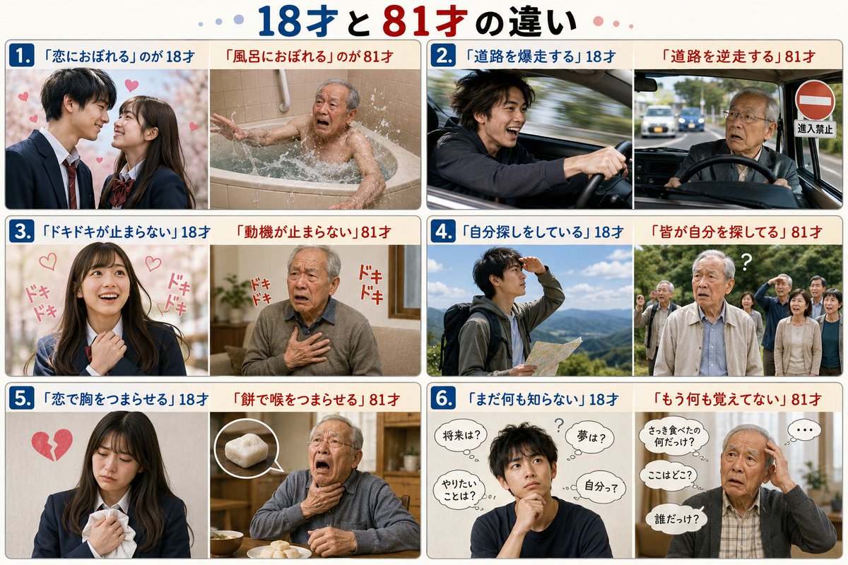 kenji_compass's tweet photo. 1. 「恋におぼれる」のが18才 
「風呂におぼれる」のが81才 
 2. 「道路を爆走する」18才 
「道路を逆走する」81才 
 3. 「ドキドキが止まらない」18才 
「動機が止まらない」81才 
 4. 「自分探しをしている」18才 
「皆が自分を探してる」81才
続き↓ https://t.co/8WLOO4Fyum