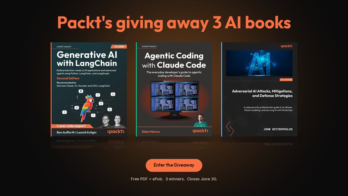 packtwebdevpro's tweet photo. 🚨 A few hours left to win 3 AI books, free.
📘 Generative AI with LangChain
🤖 Agentic Coding with Claude Code
🛡️ Adversarial AI Attacks &amp; Defense
PDF + ePub, 3 winners, no purchase needed.
👉 https://t.co/5XcetHaf5j https://t.co/pippEiAdoj