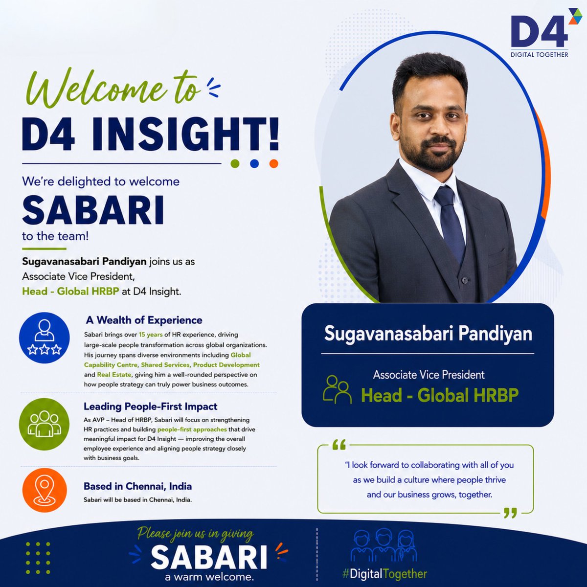 D4Insight's tweet photo. We're excited to welcome Sugavanasabari Pandiyan to D4 Insight as Associate Vice President – Head, Global HRBP.
Wishing Sabari every success as we continue building a people-first culture. Welcome aboard! 🎉
#WelcomeToD4Insight #PeopleFirst #HRLeadership #DigitalTogether https://t.co/01r3h2pIVQ